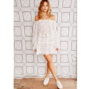 Stone Cold Fox White Eyelet Boho Ruffle Mini Cotton Dress Size XS/S Festival